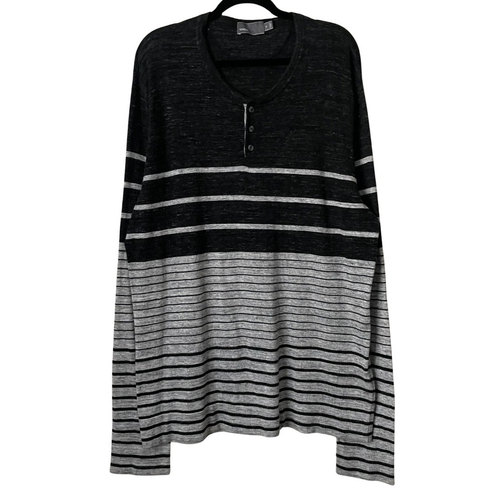 Vince Shirt Mens XL Black Gray Henley Striped Cotton Modal Cashmere Knit Casual